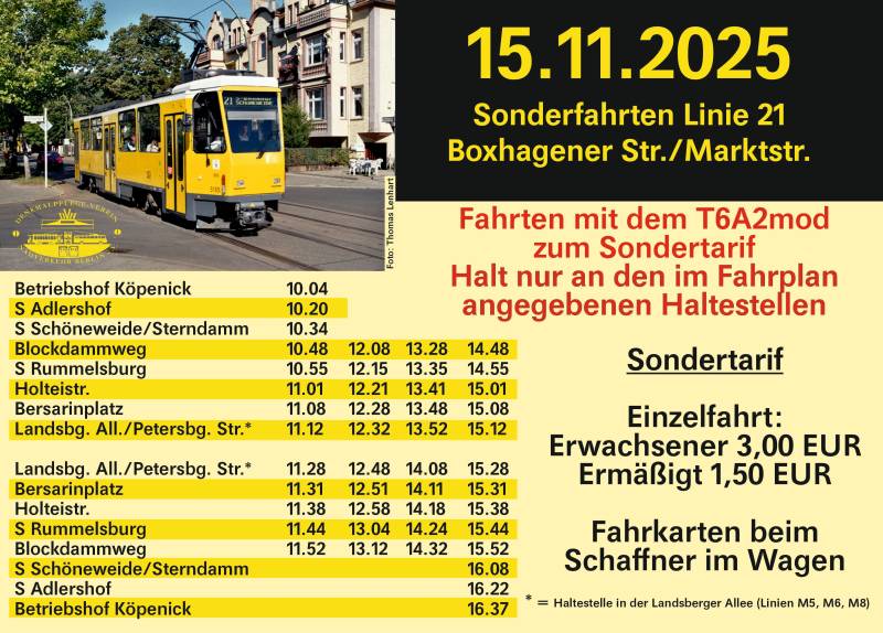 Fahrplan für die Sonderfahrten Linie 21 vom 15.11.2025